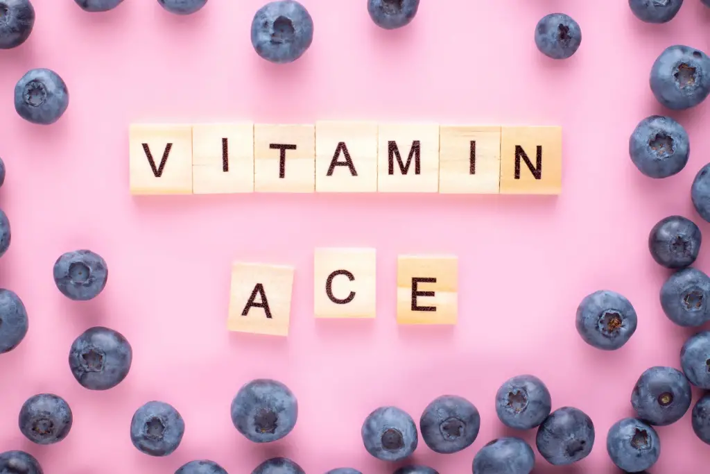Blog post thumbnail with blueberries surrounding the term "Vitamin ACE." The ACE are the vitamins for healthy skin.