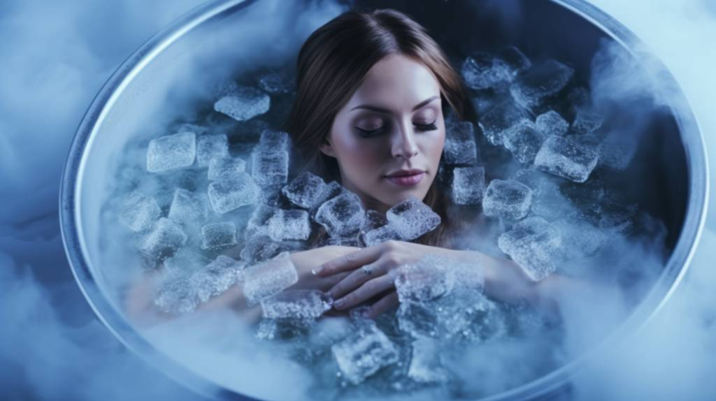 Woman taking an ice bath to reduce body temperature. Apply this practice to obtain optimal sleep temperatures.