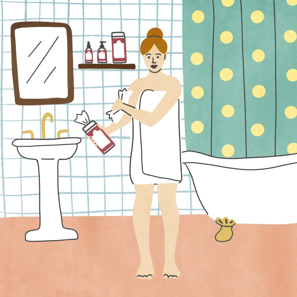 A graphic of a woman applying body revival to her skin. Part of her daily skin revitalizing routine.
