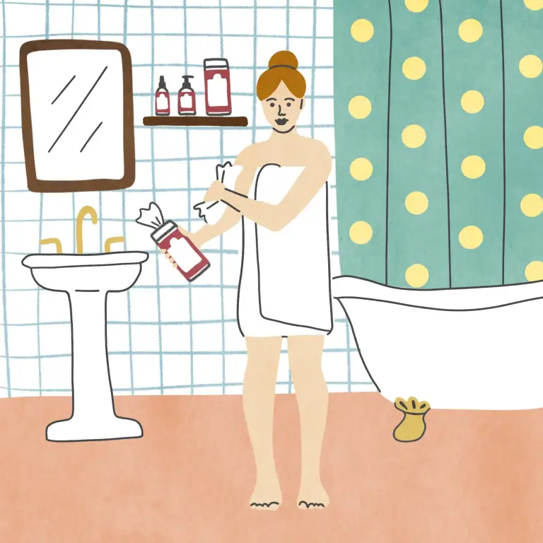 A graphic of a woman applying body revival to her skin. Part of her daily skin revitalizing routine.