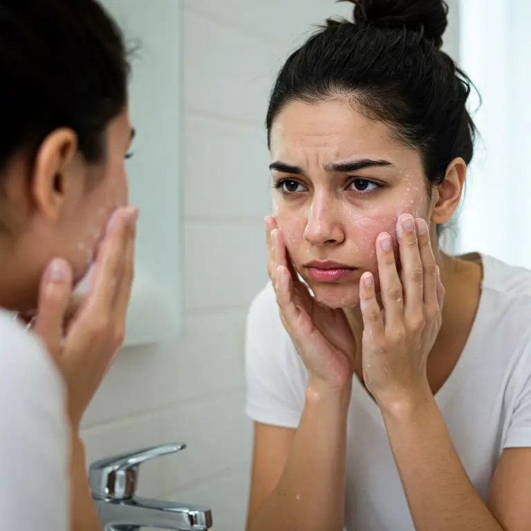 Have a young woman looking in the mirror preparing to apply DERMAGLOVE facefood and cleanse.