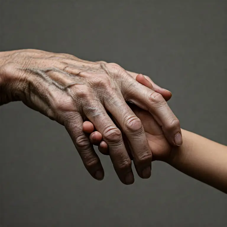 Thumbnail for a DERMAGLOVE blog post revealing the aging process of skin. The image depicts a young hand interlocking with an elderly hand.