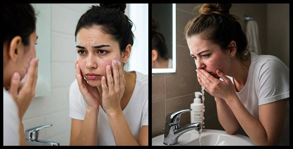 A women applying DERMAGLOVE applying face cleanse to her morning ritual.
